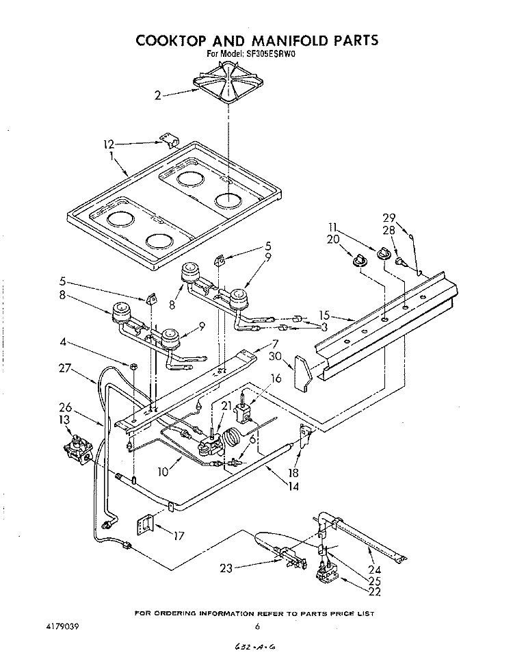 COOK TOP AND MANIFOLD , LITERATURE Diagram and Parts List for SF305ESRW0  Whirlpool Range