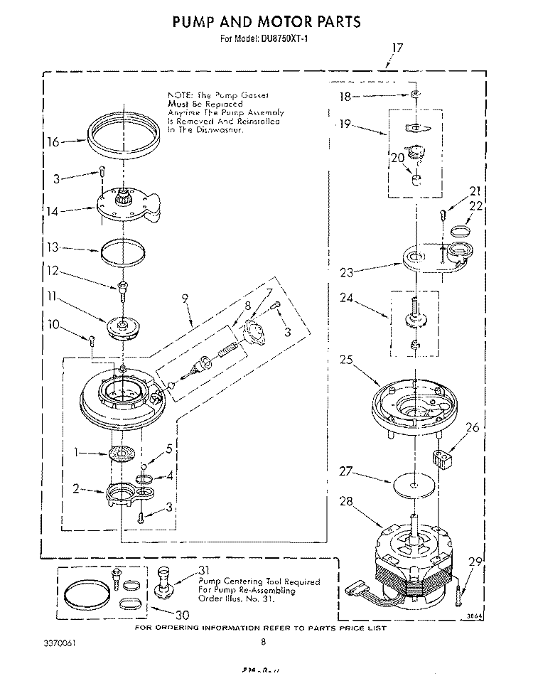 PUMP AND MOTOR Diagram and Parts List for DU8750XT1  Whirlpool Dishwasher