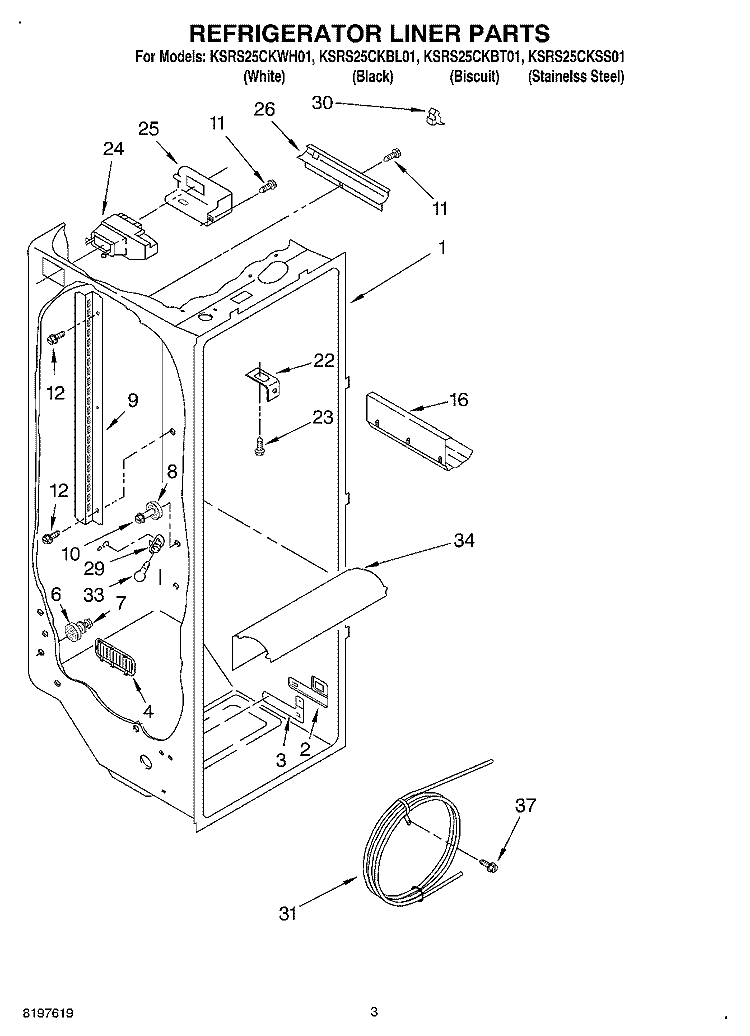 REFRIGERATOR LINER Diagram and Parts List for KSRS25CKSS01  KitchenAid Refrigerator