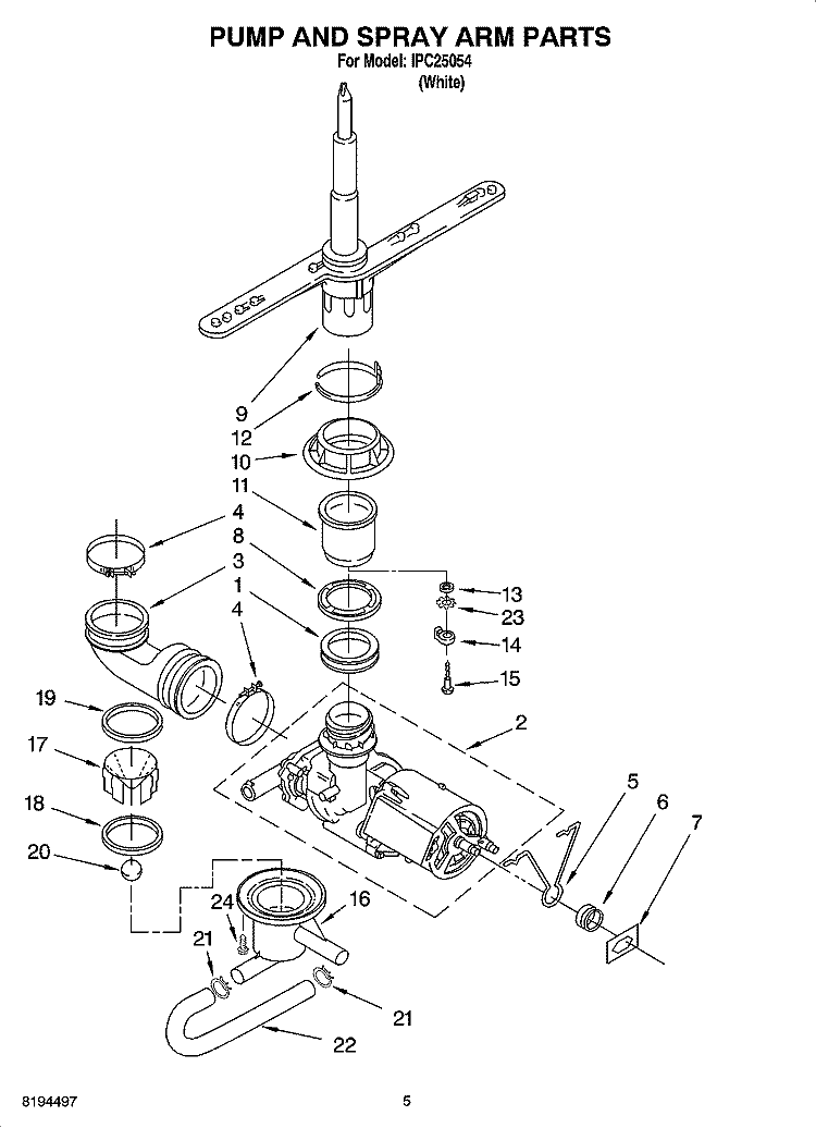 PUMP AND SPRAY ARM PARTS Diagram and Parts List for IPC25054  Inglis Dishwasher