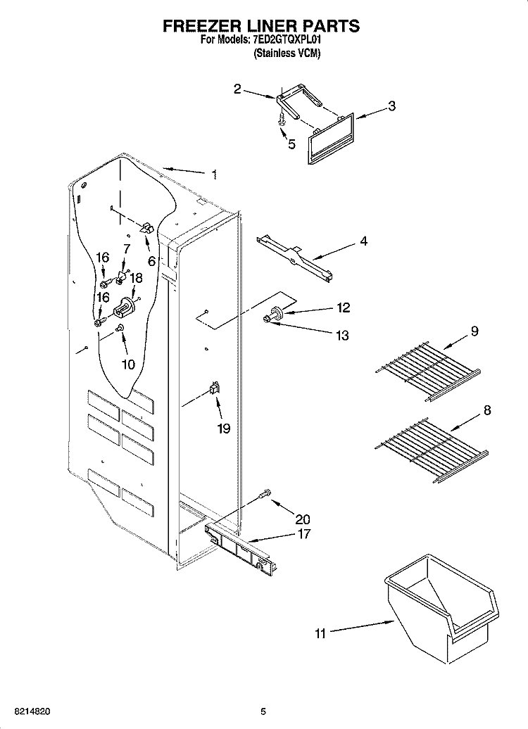 FREEZER LINER PARTS Diagram and Parts List for 7ED2GTQXPL01  Whirlpool Refrigerator