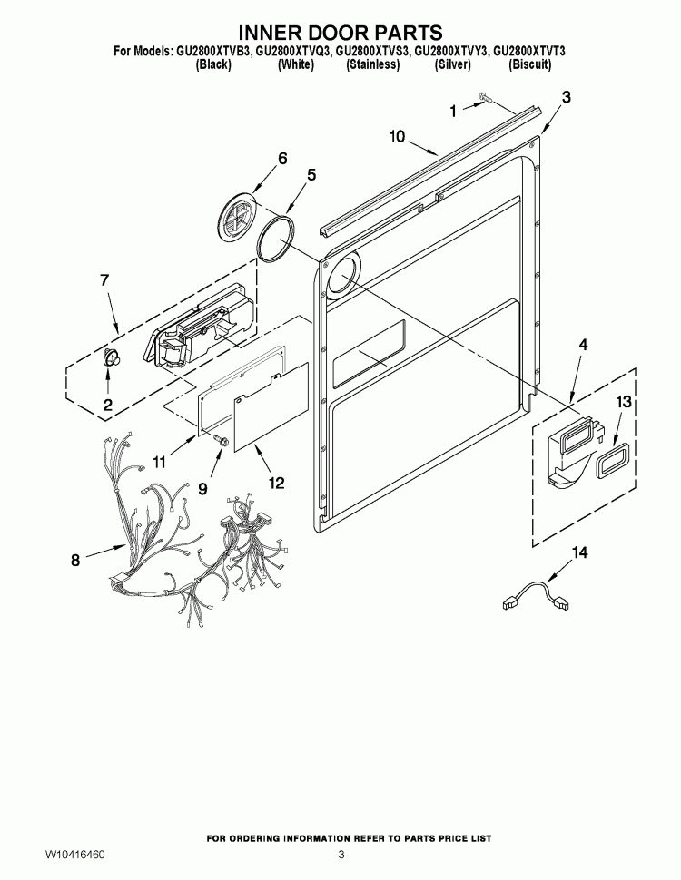 INNER DOOR PARTS Diagram and Parts List for GU2800XTVS3  Whirlpool Dishwasher