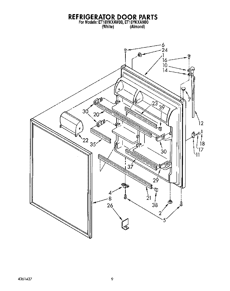 REFRIGERATOR DOOR, LIT/OPTIONAL Diagram and Parts List for ET18YKXAW00  Whirlpool Refrigerator