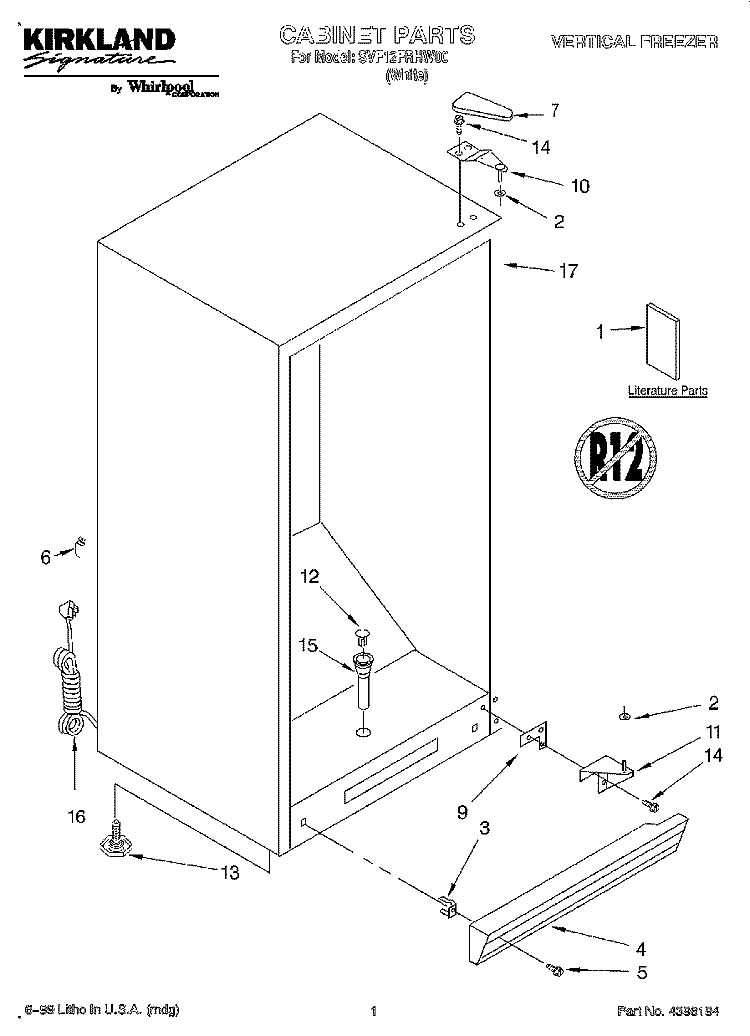 CABINET, LITERATURE Diagram and Parts List for SVF12FRHW00  Whirlpool Freezer