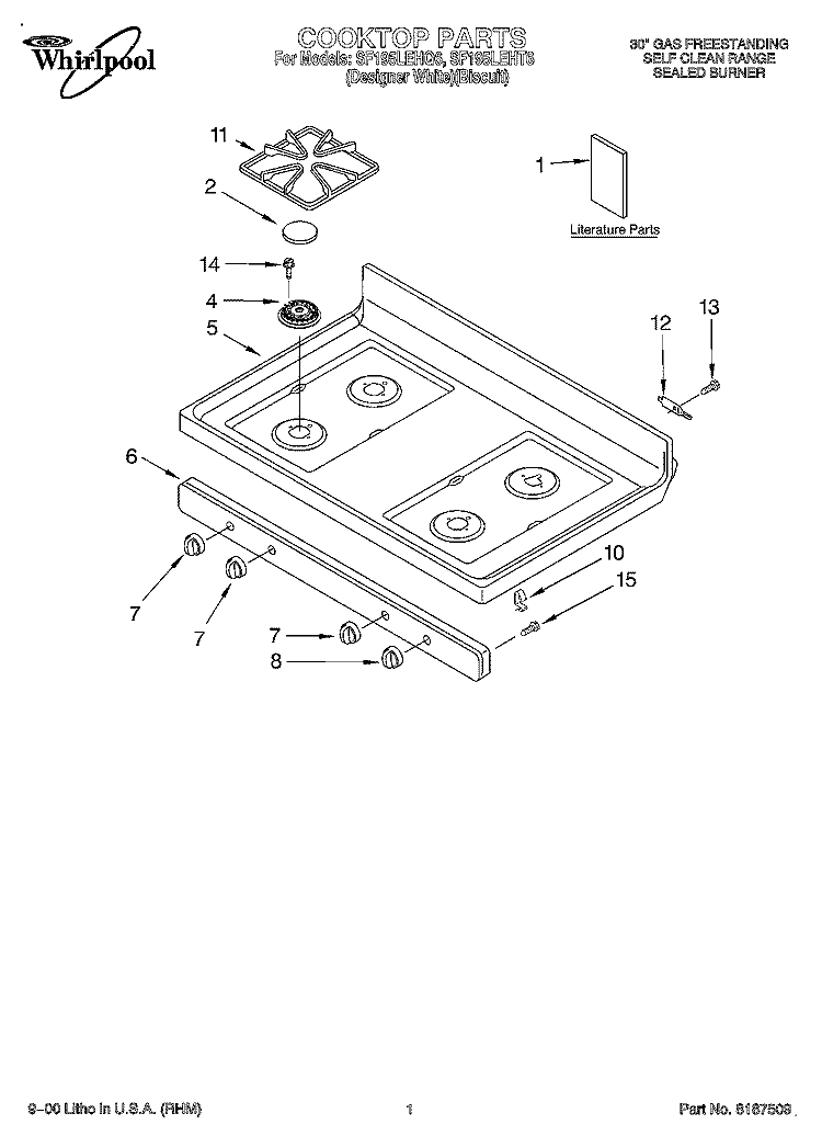 COOKTOP, LITERATURE Diagram and Parts List for SF195LEHQ6  Whirlpool Range