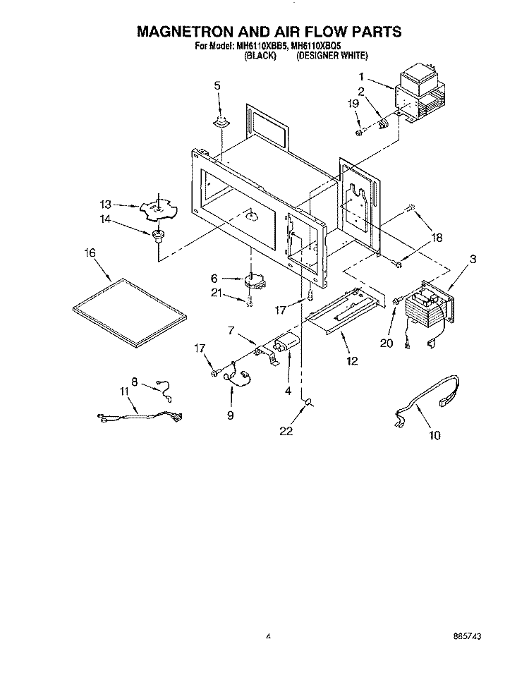 MAGNETRON AND AIR FLOW Diagram and Parts List for MH6110XBB5  Whirlpool Microwave