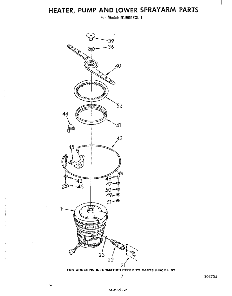 HEATER,PUMP AND LOWER SPRAYARM Diagram and Parts List for DU5003XL1  Whirlpool Dishwasher
