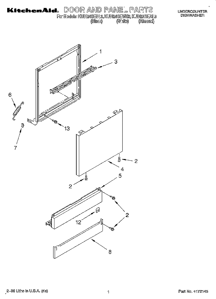 DOOR AND PANEL Diagram and Parts List for KUDI24SEWH3  KitchenAid Dishwasher