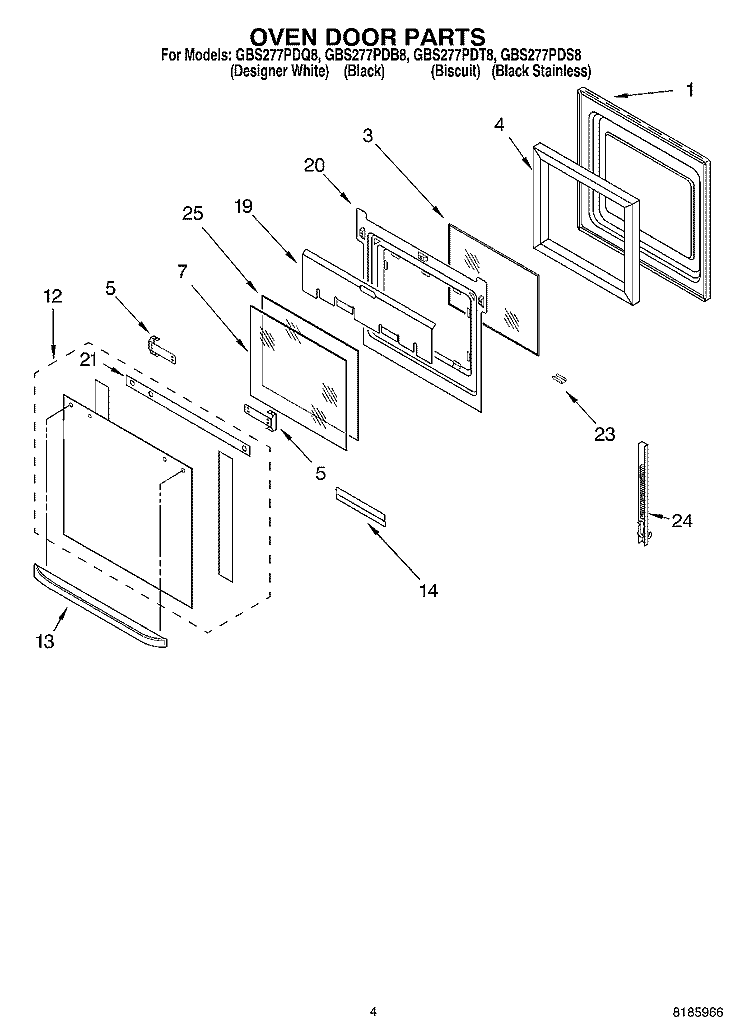 OVEN DOOR Diagram and Parts List for GBS277PDS8  Whirlpool Wall Oven