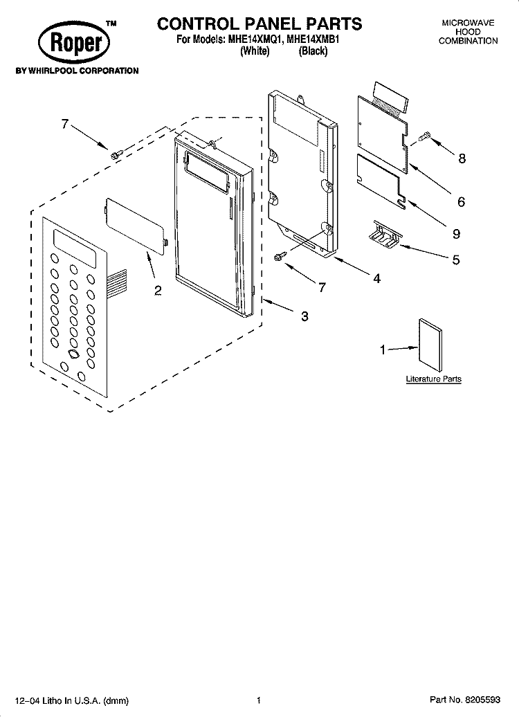 CONTROL PANEL PARTS Diagram and Parts List for MHE14XMB1  Roper Microwave