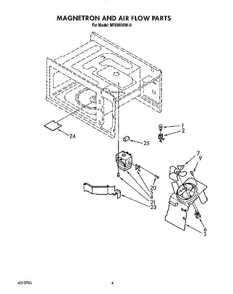 MAGNETRON AND AIRFLOW Diagram and Parts List for MT6900XW0  Whirlpool Microwave
