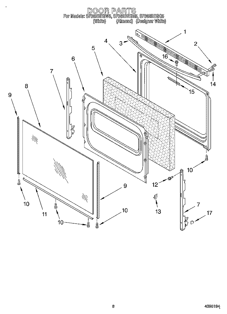 DOOR, OPTIONAL Diagram and Parts List for SF362BEGN5  Whirlpool Range