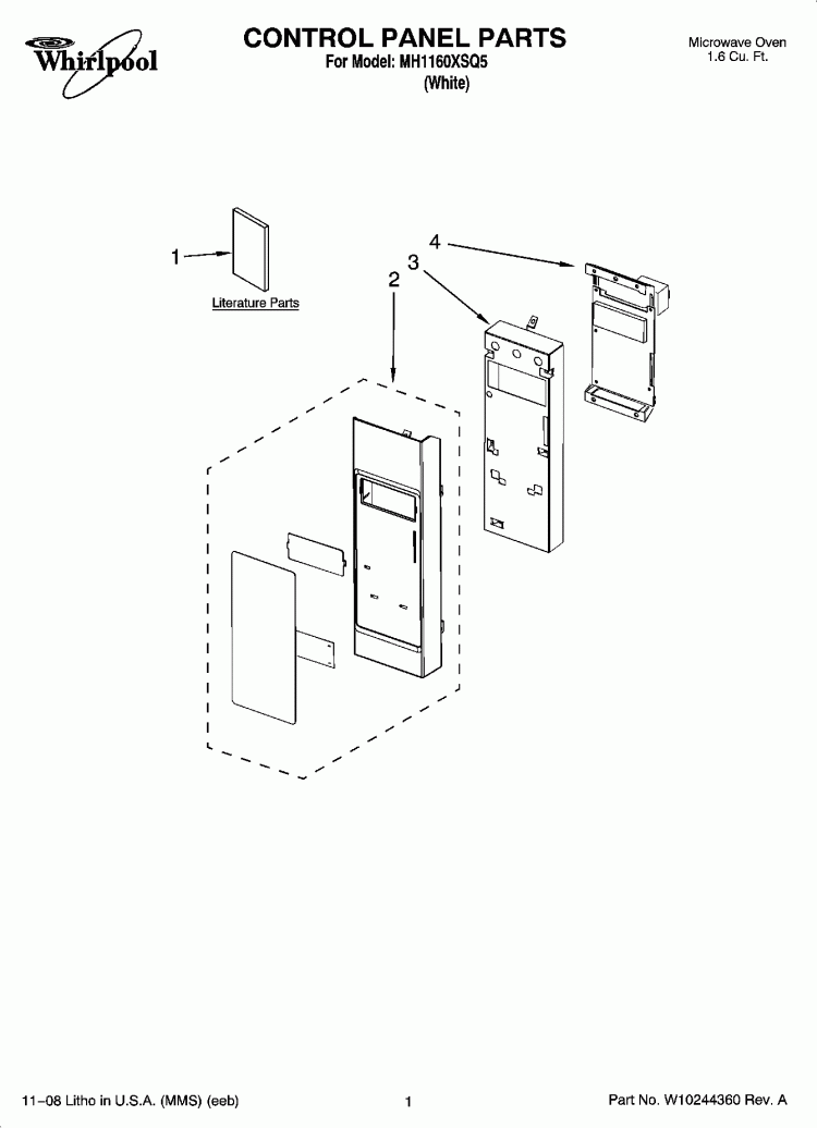 CONTROL PANEL PARTS Diagram and Parts List for MH1160XSQ5  Whirlpool Microwave