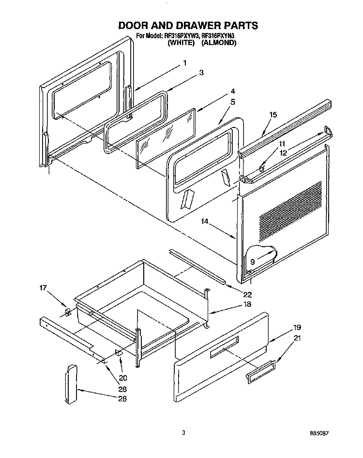 DOOR AND DRAWER Diagram and Parts List for RF316PXYN3  Whirlpool Range