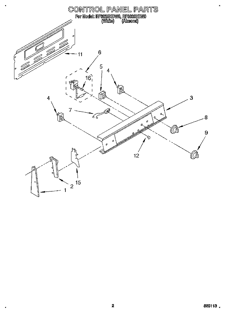 CONTROL PANEL Diagram and Parts List for RF3020XDN0  Whirlpool Range