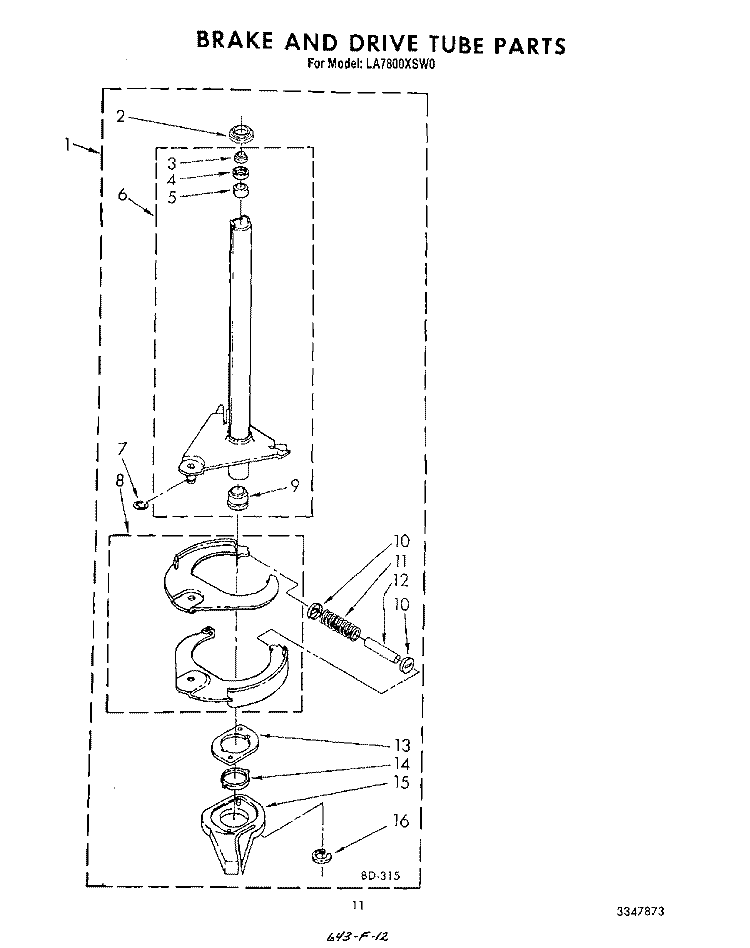 BRAKE AND DRIVE TUBE Diagram and Parts List for LA7800XSW0  Whirlpool Washer