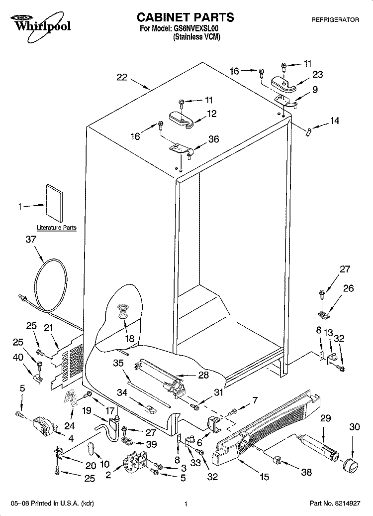 CABINET PARTS Diagram and Parts List for GS6NVEXSL00  Whirlpool Refrigerator