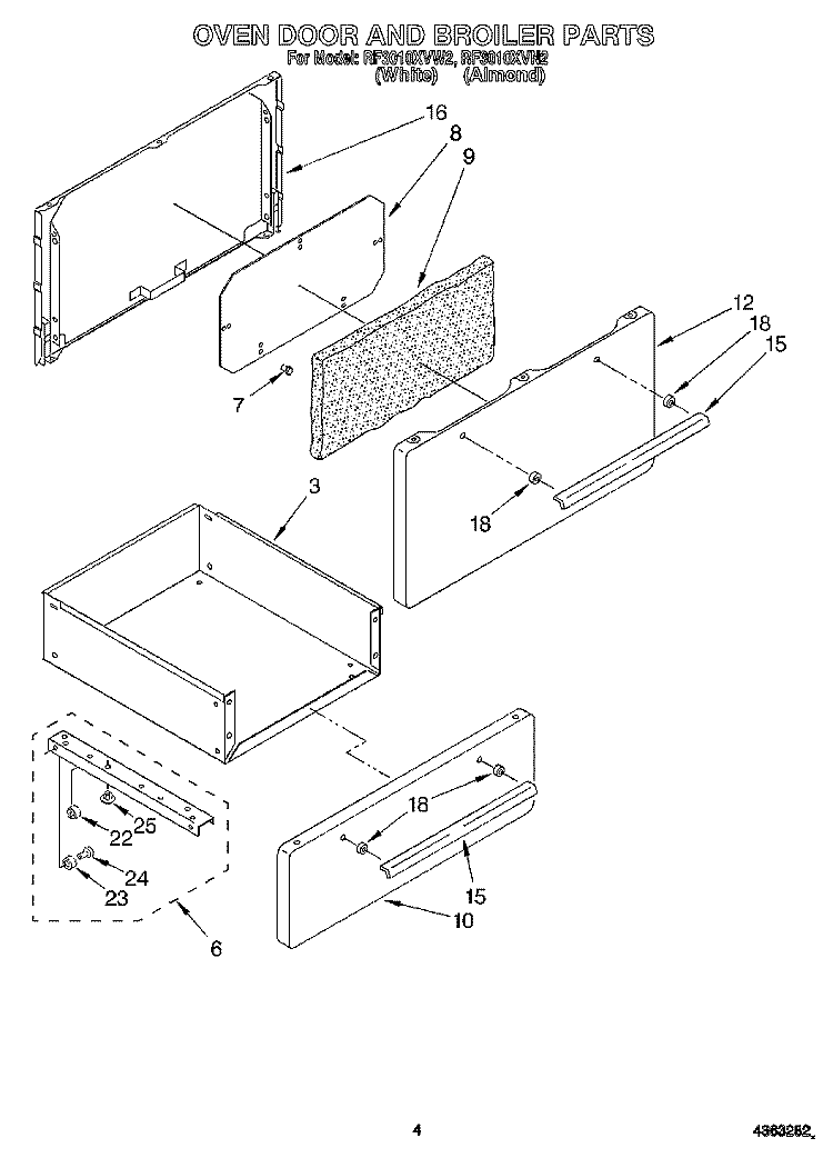 OVEN DOOR AND BOILER Diagram and Parts List for RF3010XVN2  Whirlpool Range