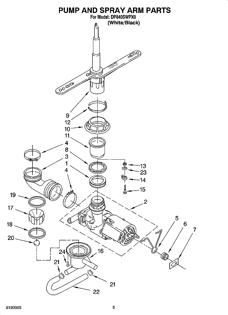 PUMP AND SPRAY ARM PARTS Diagram and Parts List for DP840SWPX0  Whirlpool Dishwasher