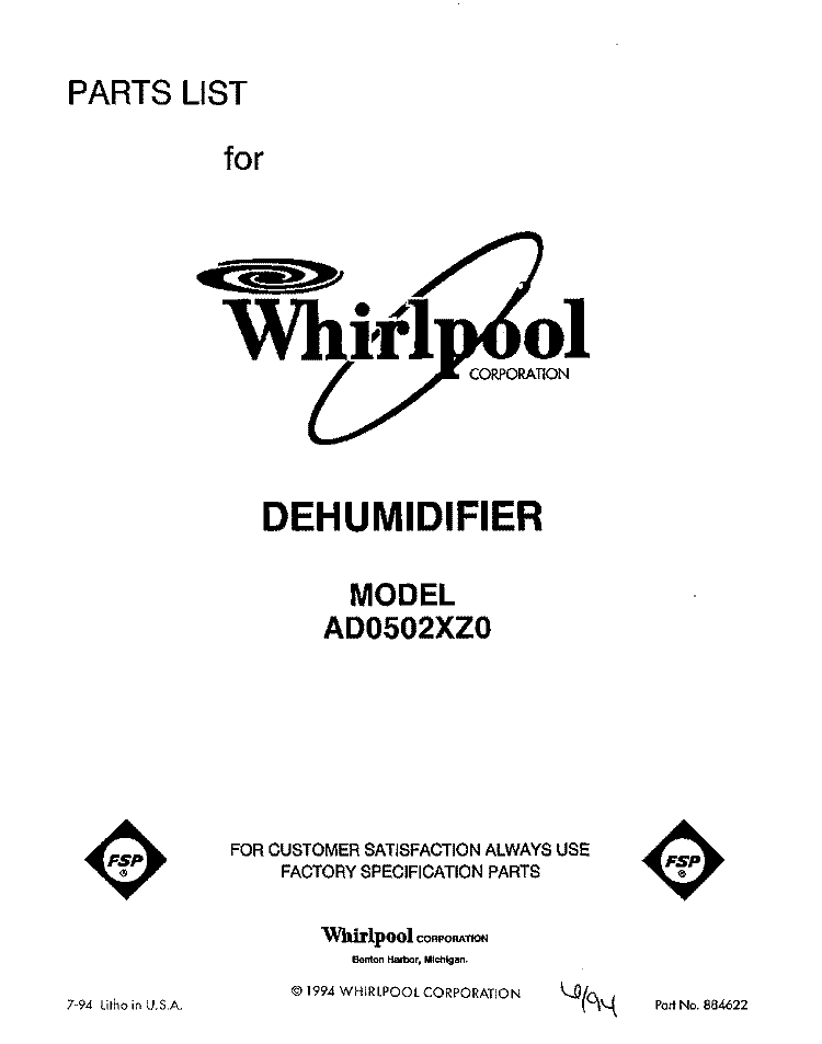 SECTION Diagram and Parts List for AD0502XZ0  Whirlpool Dehumidifier