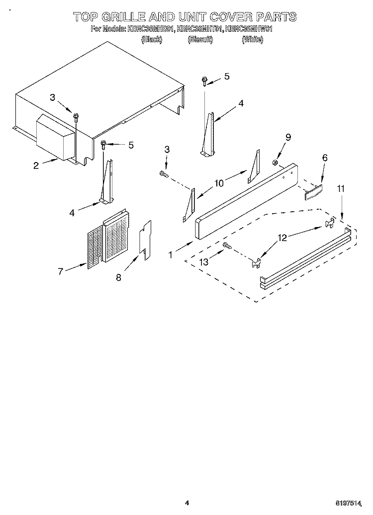TOP GRILLE AND UNIT COVER Diagram and Parts List for KBRC36MHT01  KitchenAid Refrigerator