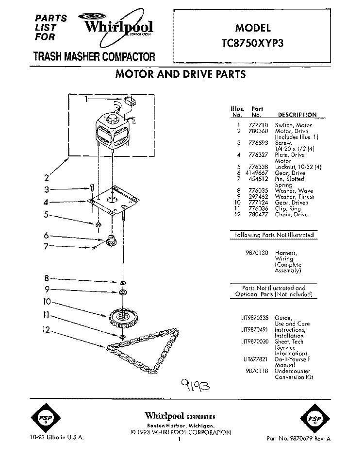 MOTOR AND DRIVE, LIT/OPTIONAL Diagram and Parts List for TC8750XYP3  Whirlpool Trash Compactor