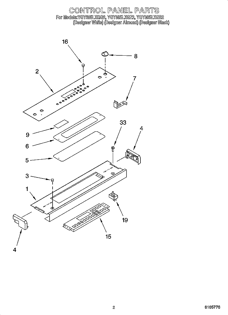 CONTROL PANEL PARTS Diagram and Parts List for YGY395LXGQ2  Whirlpool Range