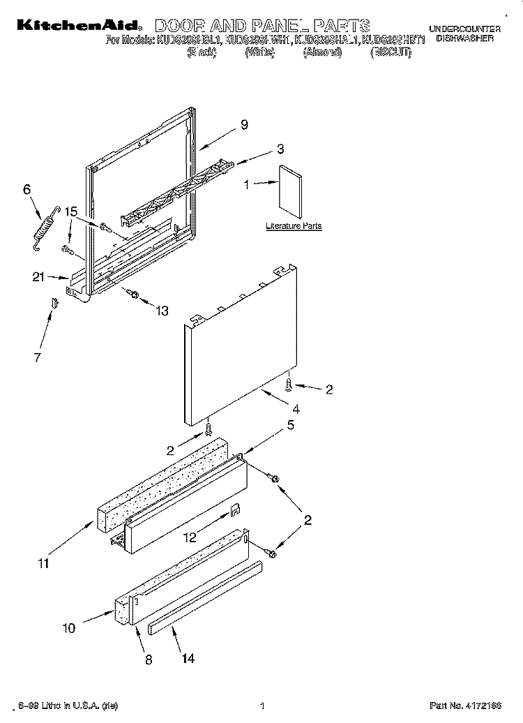 DOOR AND PANEL, LITERATURE Diagram and Parts List for KUDS25SHBT1  KitchenAid Dishwasher