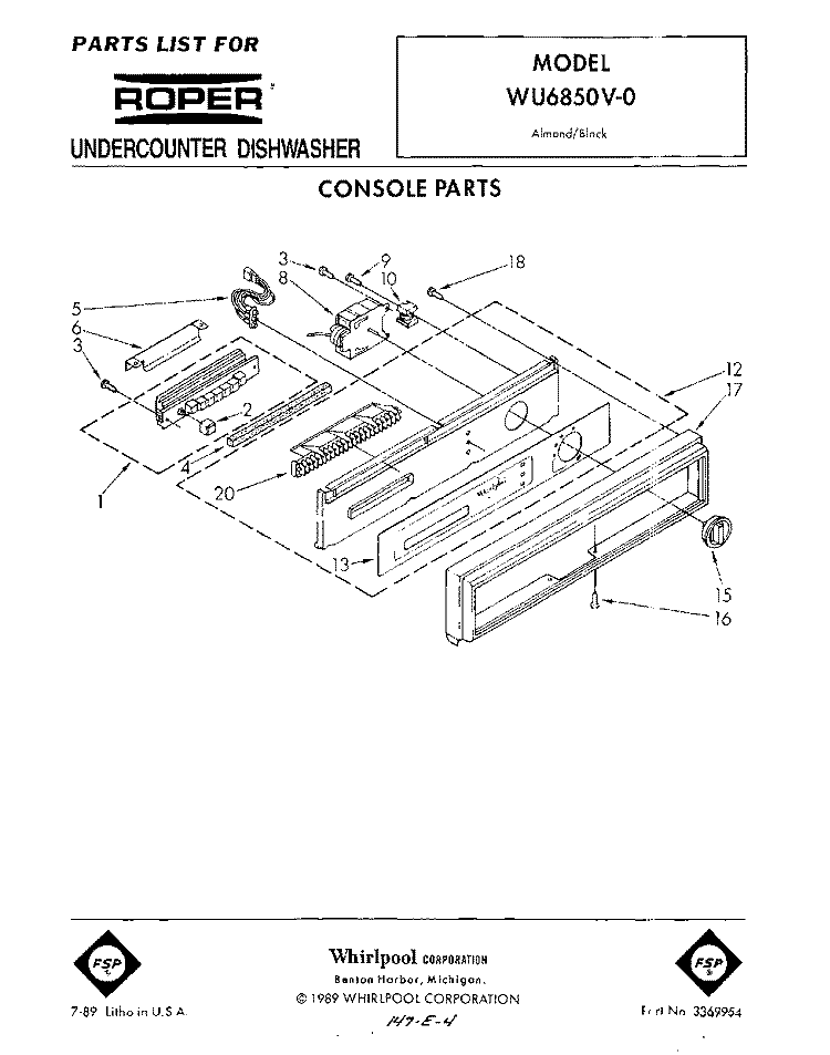 CONSOLE Diagram and Parts List for WU6850V0  Roper Dishwasher