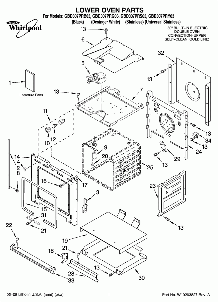 LOWER OVEN PARTS Diagram and Parts List for GBD307PRS03  Whirlpool Wall Oven