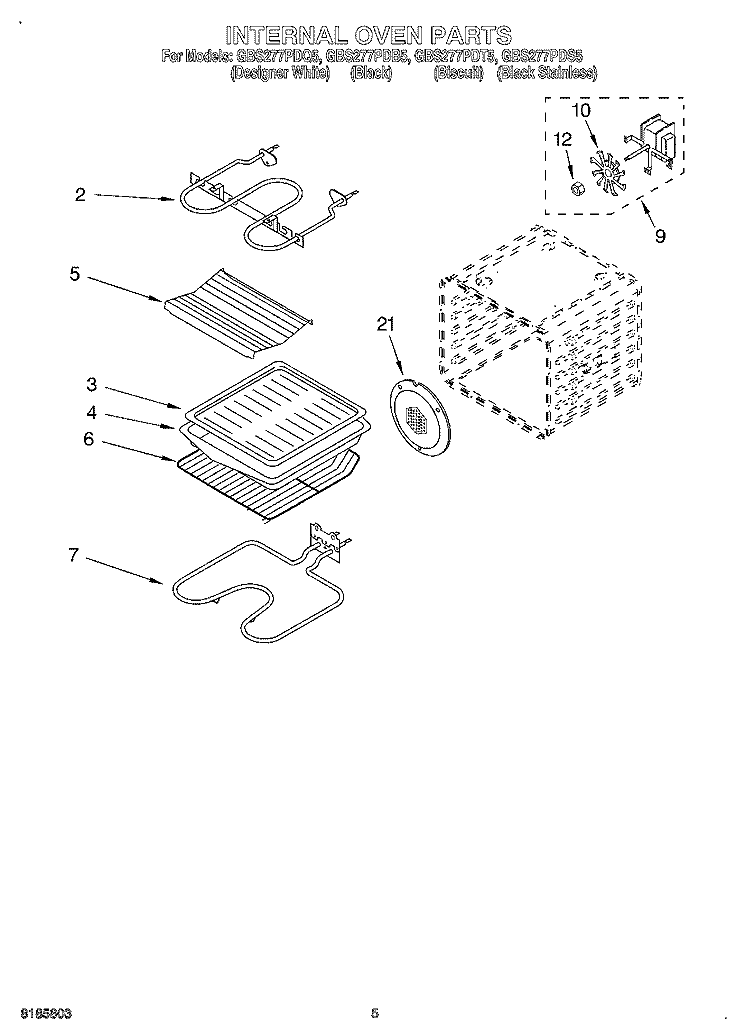 INTERNAL OVEN Diagram and Parts List for GBS277PDQ5  Whirlpool Wall Oven