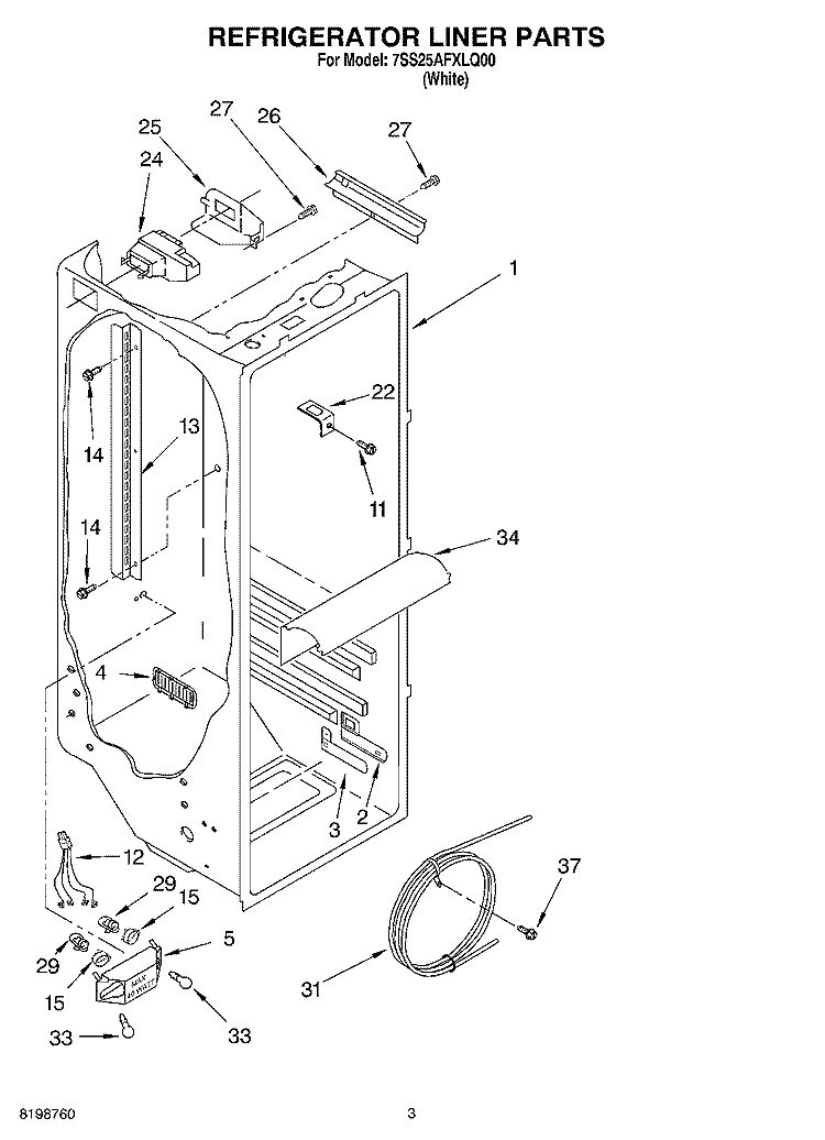 REFRIGERATOR LINER PARTS Diagram and Parts List for 7SS25AFXLQ00  Whirlpool Refrigerator
