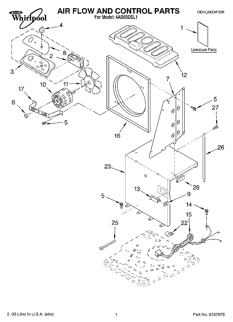 AIR FLOW AND CONTROL PARTS Diagram and Parts List for 4AD50DSL1  Whirlpool Dehumidifier