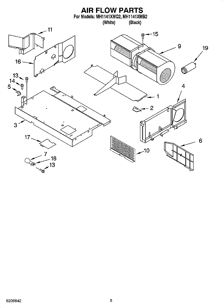 AIR FLOW PARTS Diagram and Parts List for MH1141XMB2  Whirlpool Microwave