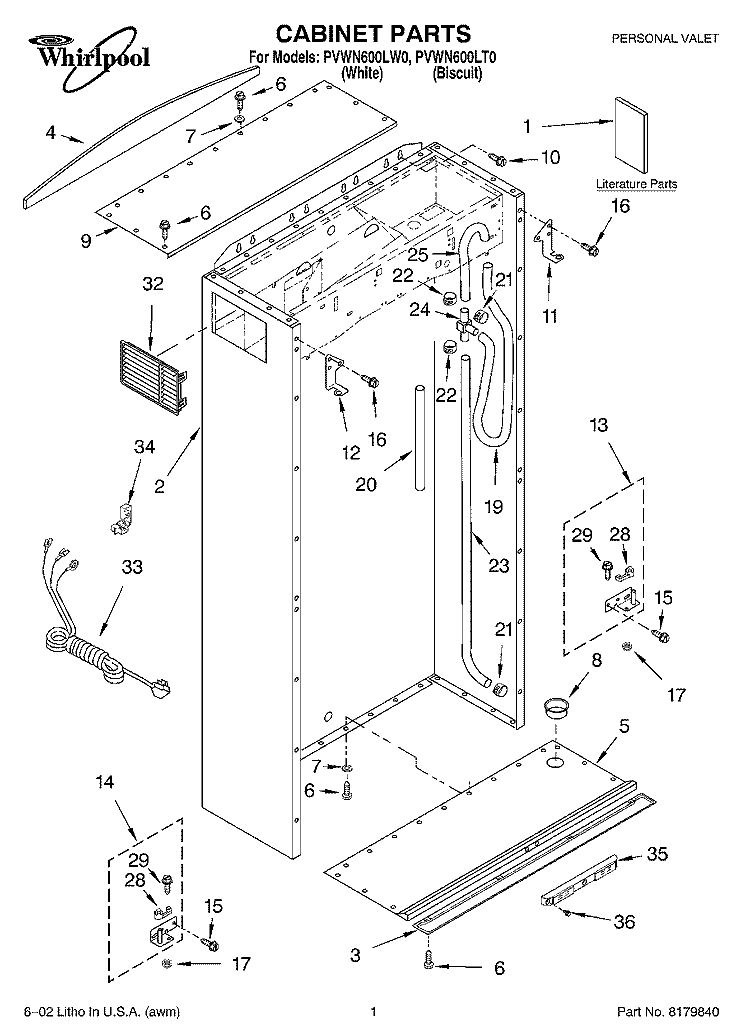 CABINET, LITERATURE Diagram and Parts List for PVWN600LW0  Whirlpool Cabinet