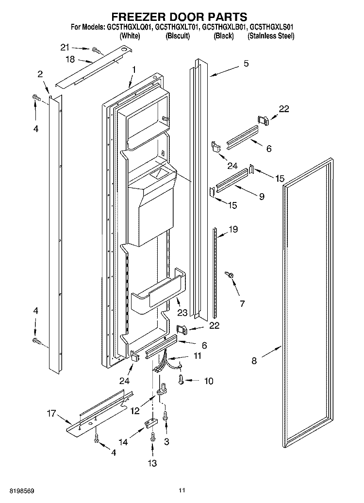 FREEZER DOOR PARTS Diagram and Parts List for GC5THGXLB01  Whirlpool Refrigerator