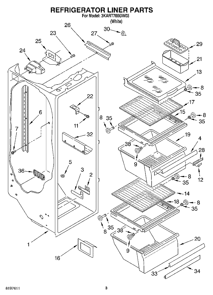 REFRIGERATOR LINER Diagram and Parts List for 3KART700GW03  Whirlpool Refrigerator
