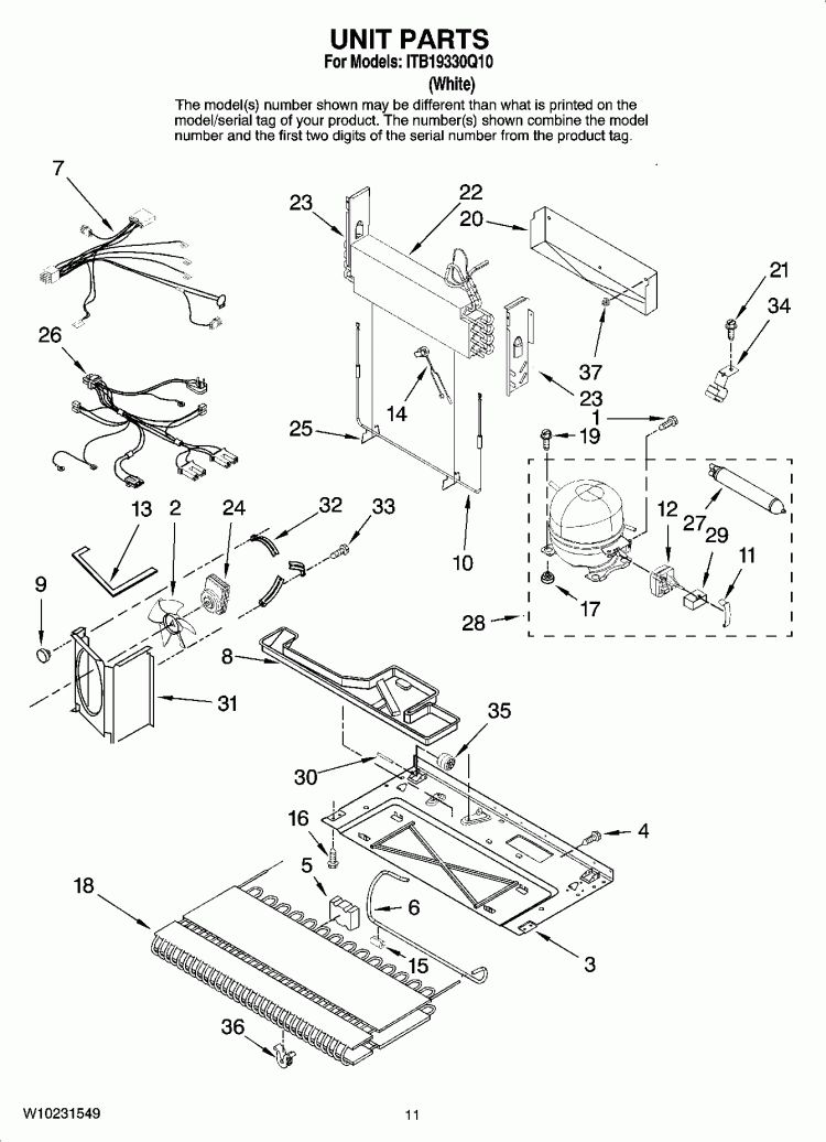 UNIT PARTS Diagram and Parts List for ITB19330Q10  Inglis Refrigerator