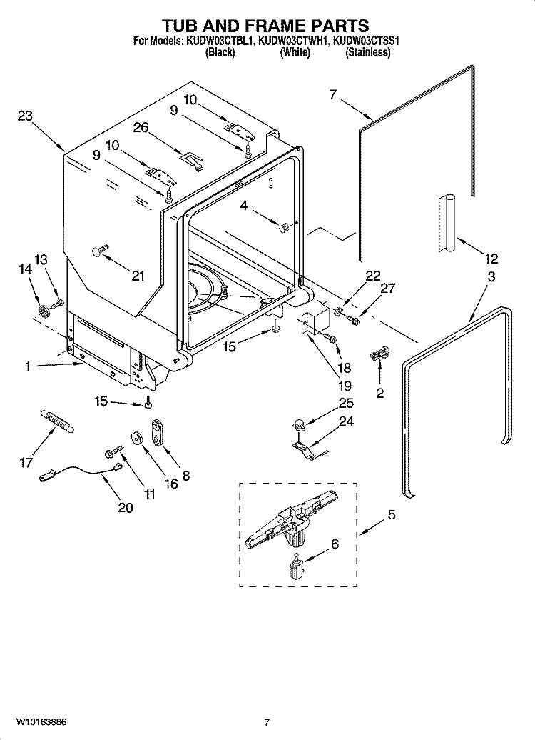 TUB AND FRAME PARTS Diagram and Parts List for KUDW03CTBL1  KitchenAid Dishwasher
