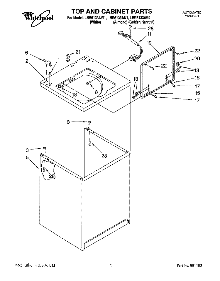 TOP AND CABINET, LIT/OPTIONAL Diagram and Parts List for LBR5133AN1  Whirlpool Washer