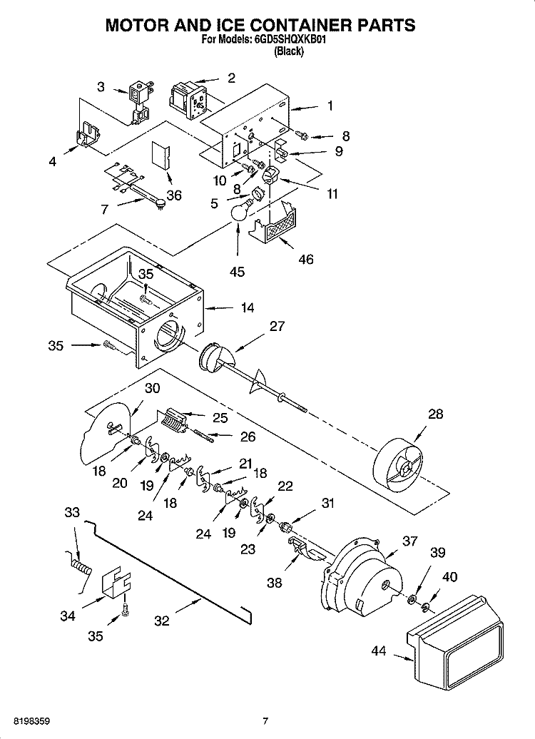 MOTOR AND ICE CONTAINER PARTS Diagram and Parts List for 6GD5SHQXKB01  Whirlpool Refrigerator