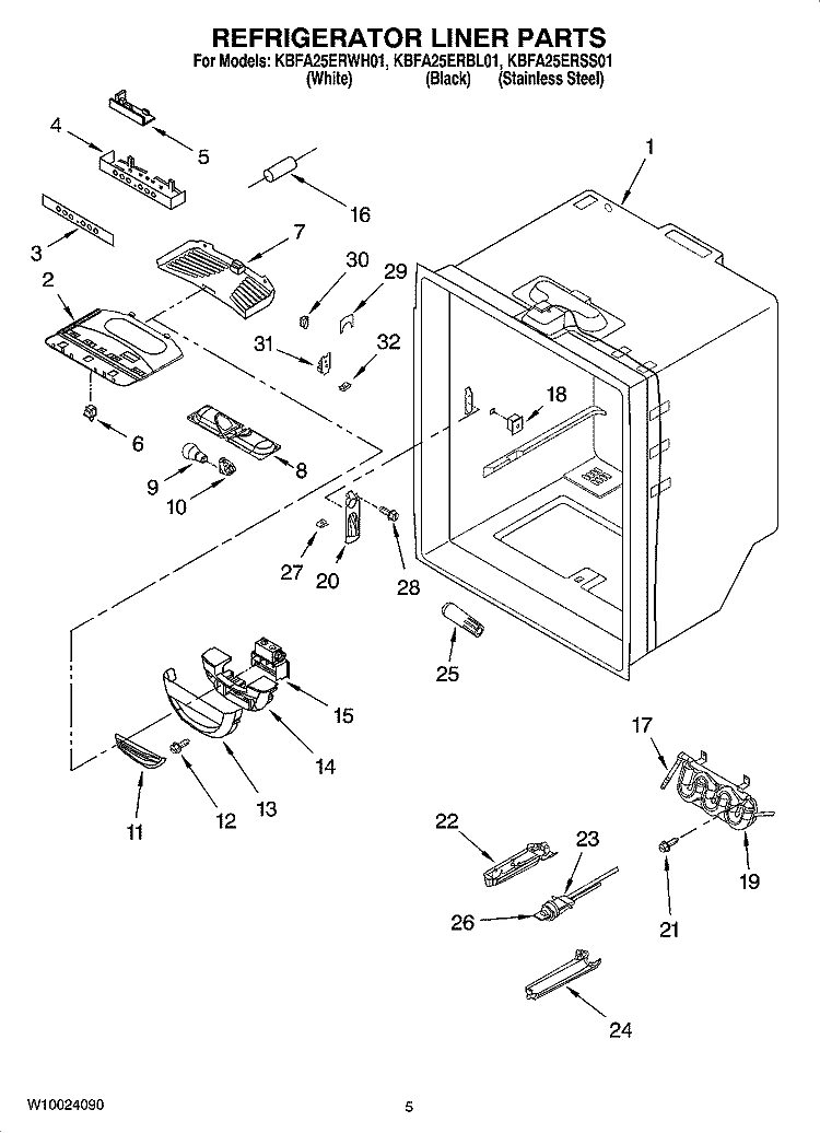 REFRIGERATOR LINER PARTS Diagram and Parts List for KBFA25ERSS01  KitchenAid Refrigerator