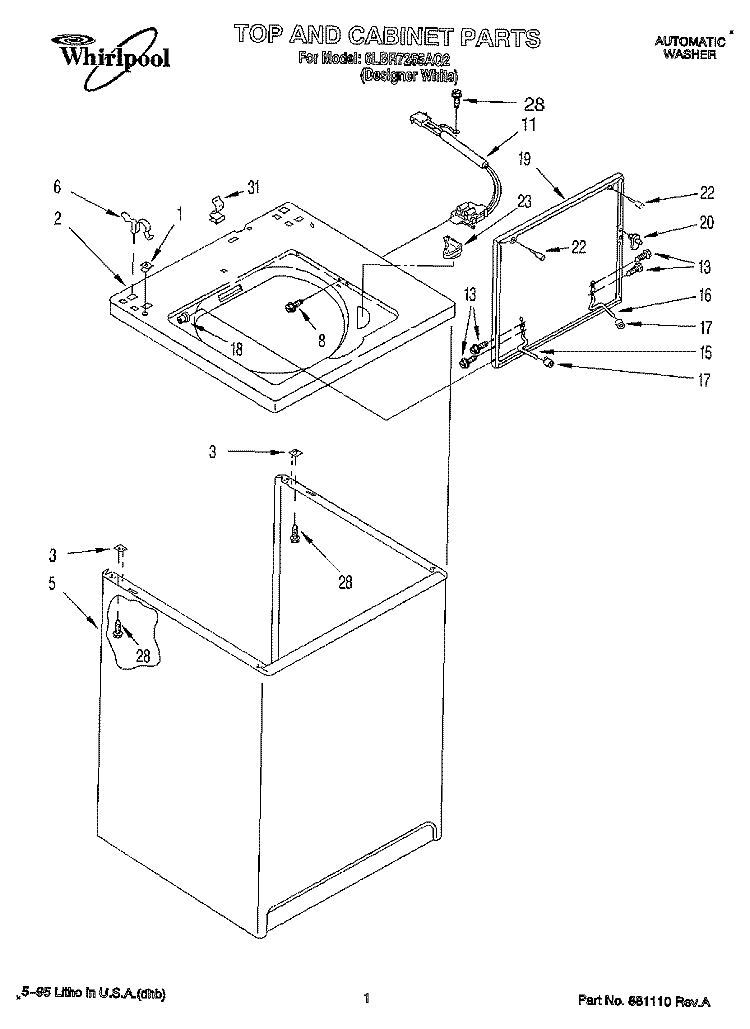 TOP AND CABINET, LIT/OPTIONAL Diagram and Parts List for 6LBR7255AQ2  Whirlpool Washer