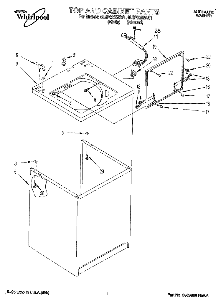 TOP AND CABINET, LIT/OPTIONAL Diagram and Parts List for 6LSP8255AN1  Whirlpool Washer