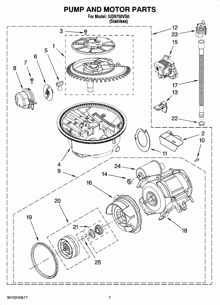 PUMP AND MOTOR PARTS Diagram and Parts List for IUD9750VS0  Whirlpool Dishwasher