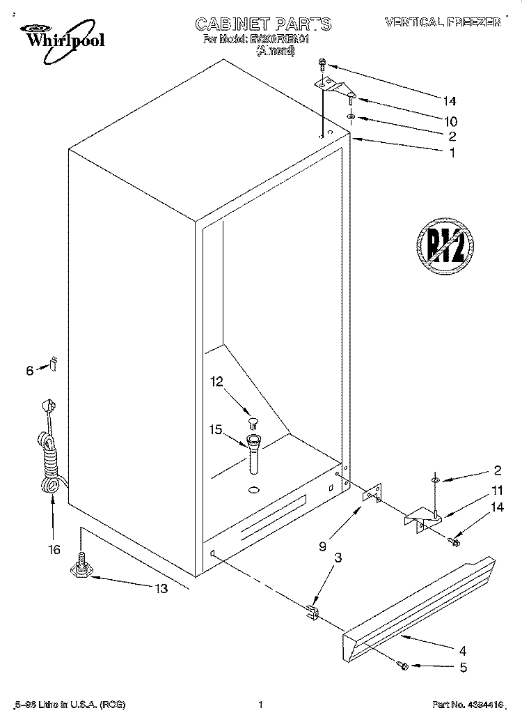 CABINET Diagram and Parts List for EV200FXEN01  Whirlpool Freezer
