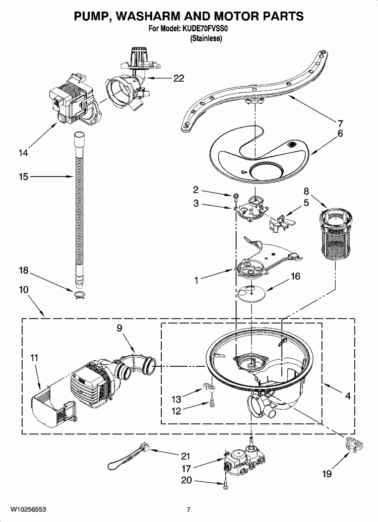 PUMP, WASHARM AND MOTOR PARTS Diagram and Parts List for KUDE70FVSS0  KitchenAid Dishwasher