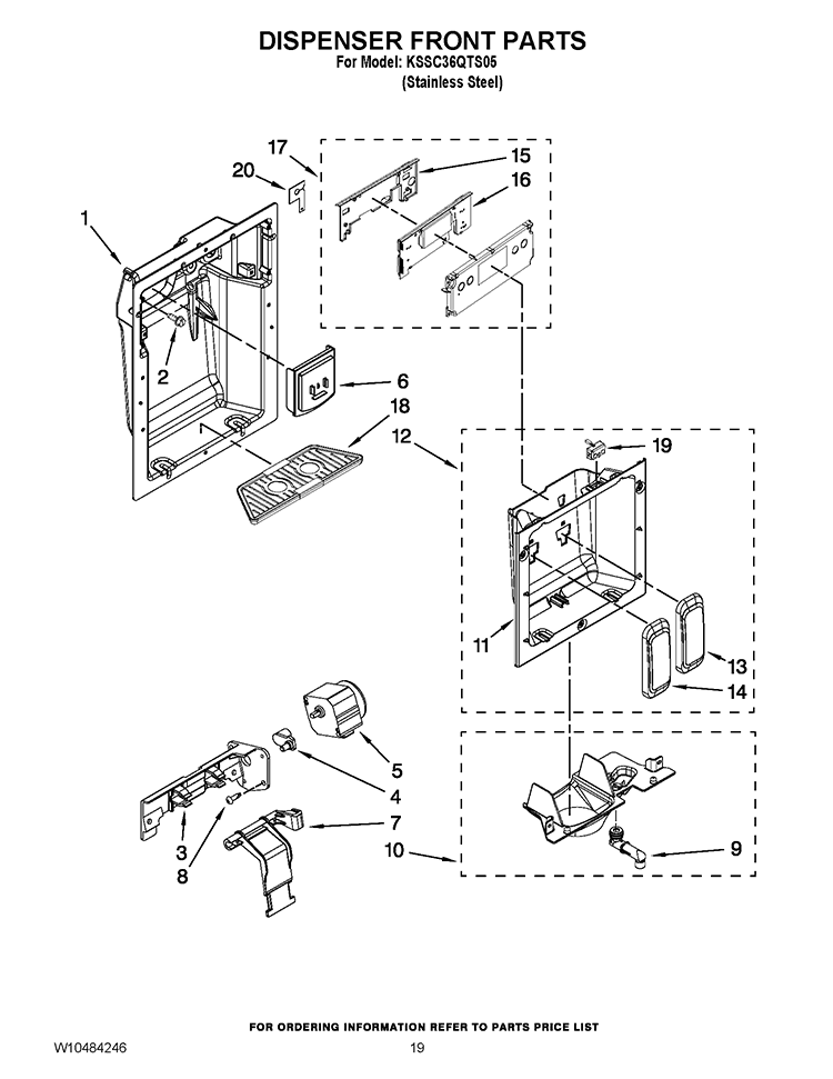 DISPENSER FRONT PARTS Diagram and Parts List for KSSC36QTS05  KitchenAid Refrigerator