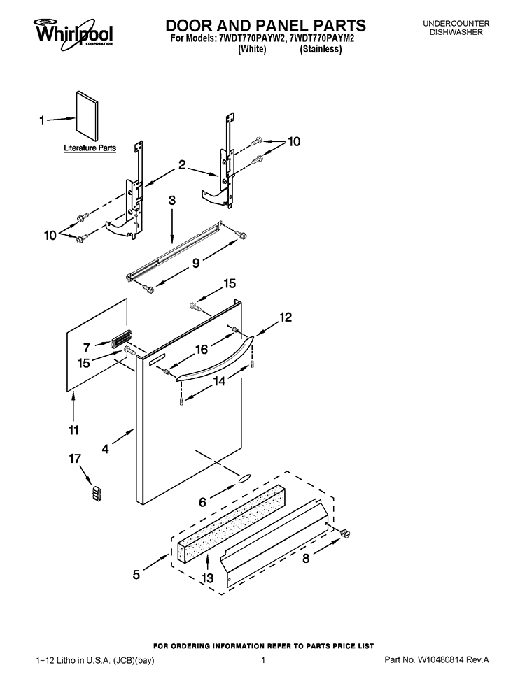 DOOR AND PANEL PARTS Diagram and Parts List for 7WDT770PAYW2  Whirlpool Dishwasher