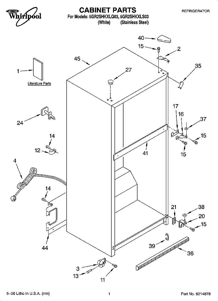 CABINET PARTS Diagram and Parts List for 5GR2SHKXLQ03  Whirlpool Refrigerator